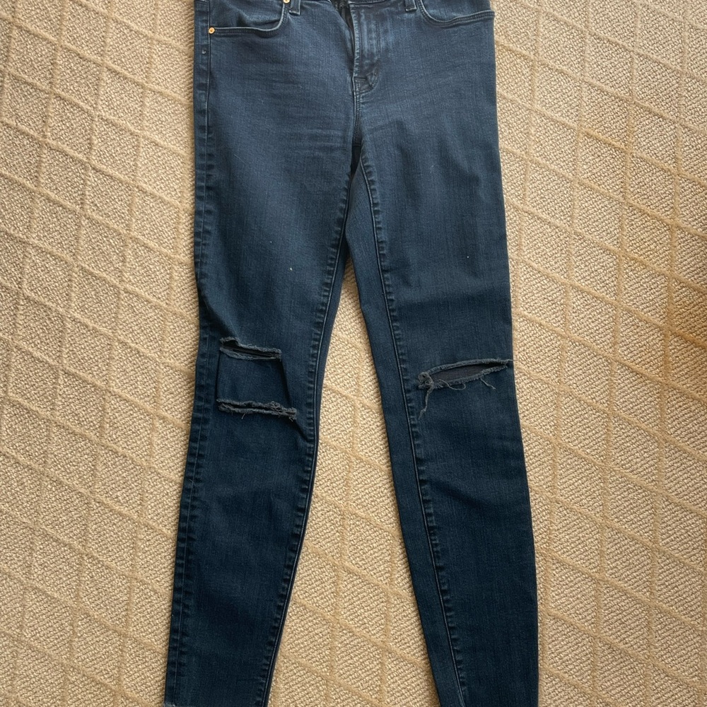J Brand Dark Indigo Ripped Cropped Skinny Jeans in Blue Mercy